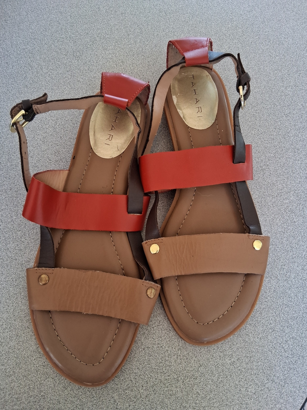 Tahari Red and Brown Leather Strap Women's Sandals